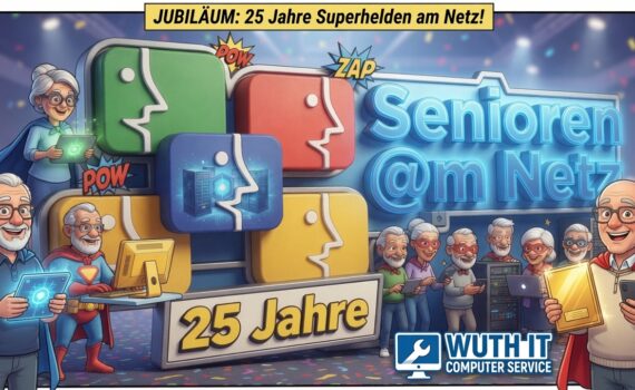 Cartoon celebrating 25 years of a computer service with senior heroes on a stage and the text '25 Jahre' and 'Senioren @m Netz' displayed.