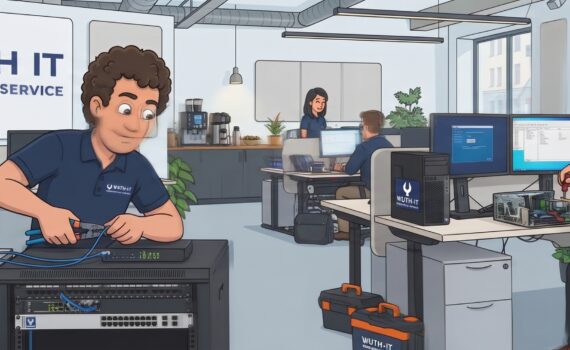 Open-plan IT service office with technicians at desks; one wires a server rack while colleagues work on computers, wall sign reads WUTH-IT Computer Service.